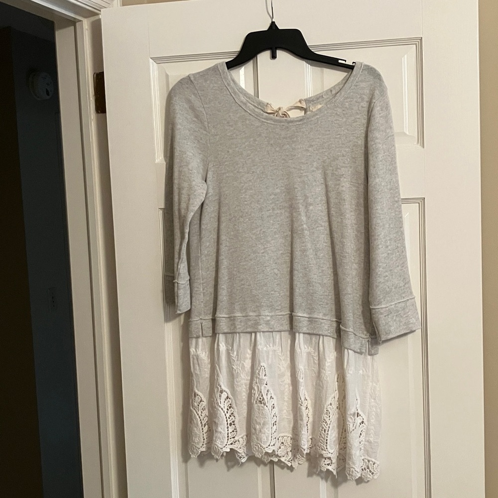 A'Reve Medium Gray Top with White Lace Hem